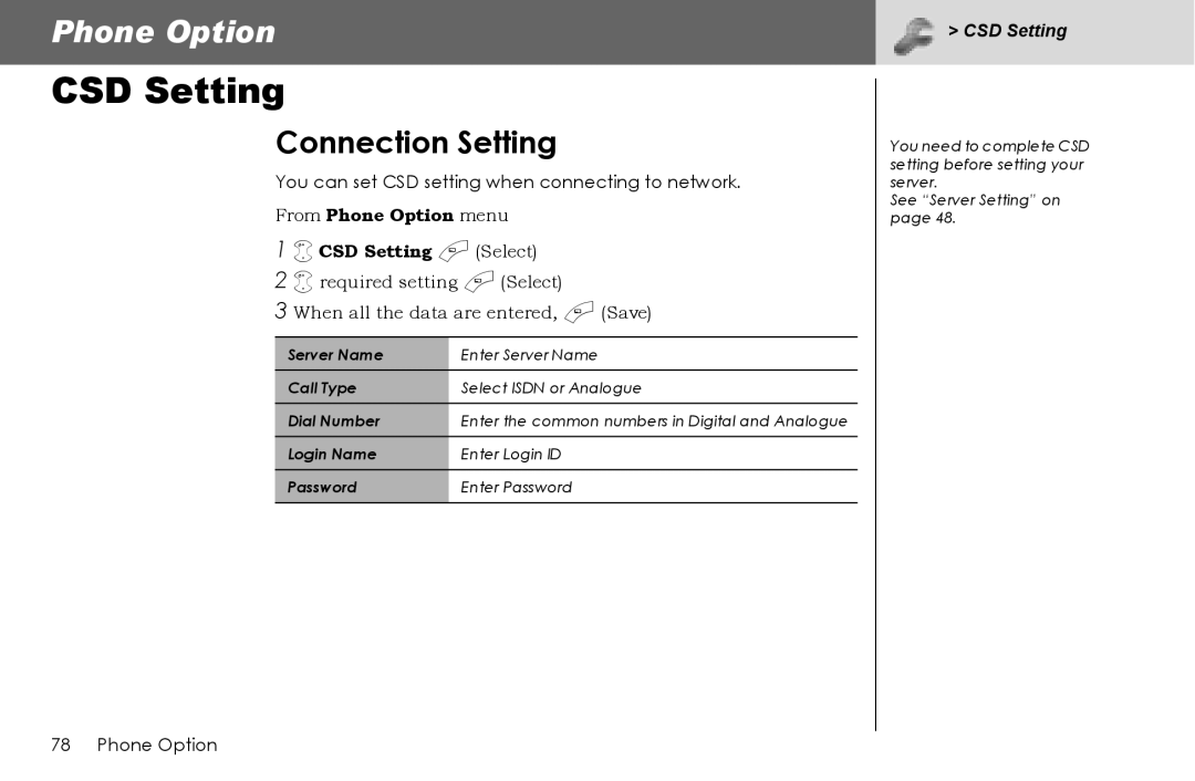 Panasonic G70 manual CSD Setting, Connection Setting, You can set CSD setting when connecting to network 