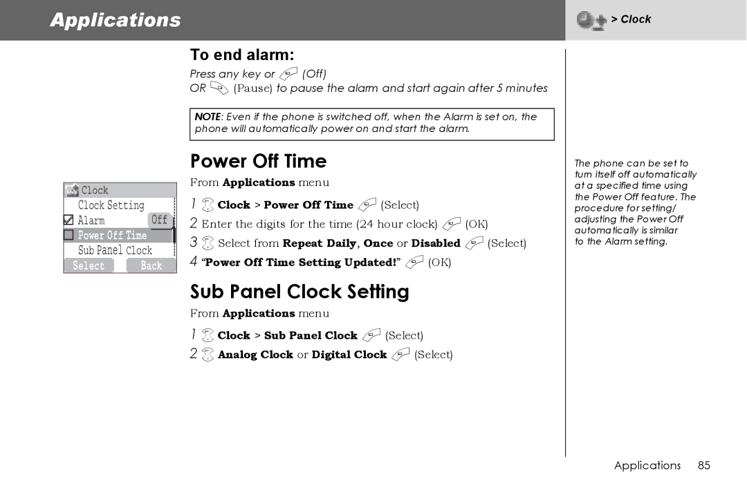 Panasonic G70 manual Sub Panel Clock Setting, To end alarm, From Applications menu Clock Power Off Time a Select 