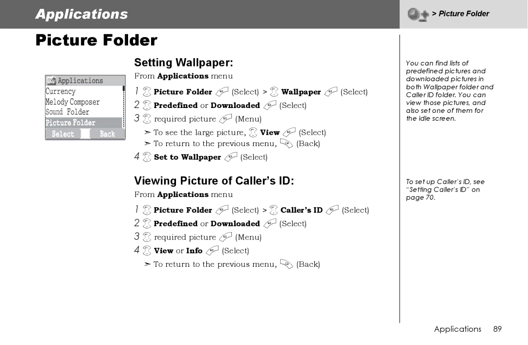 Panasonic G70 manual Picture Folder, Setting Wallpaper, Viewing Picture of Caller’s ID, Set to Wallpaper a Select 