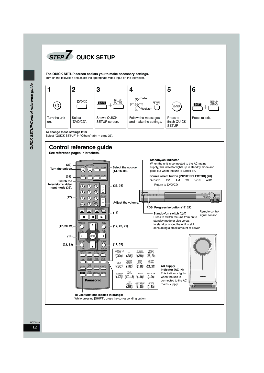 Panasonic GCSEB E specifications Control reference guide, 29 18, Quick Setup screen assists you to make necessary settings 