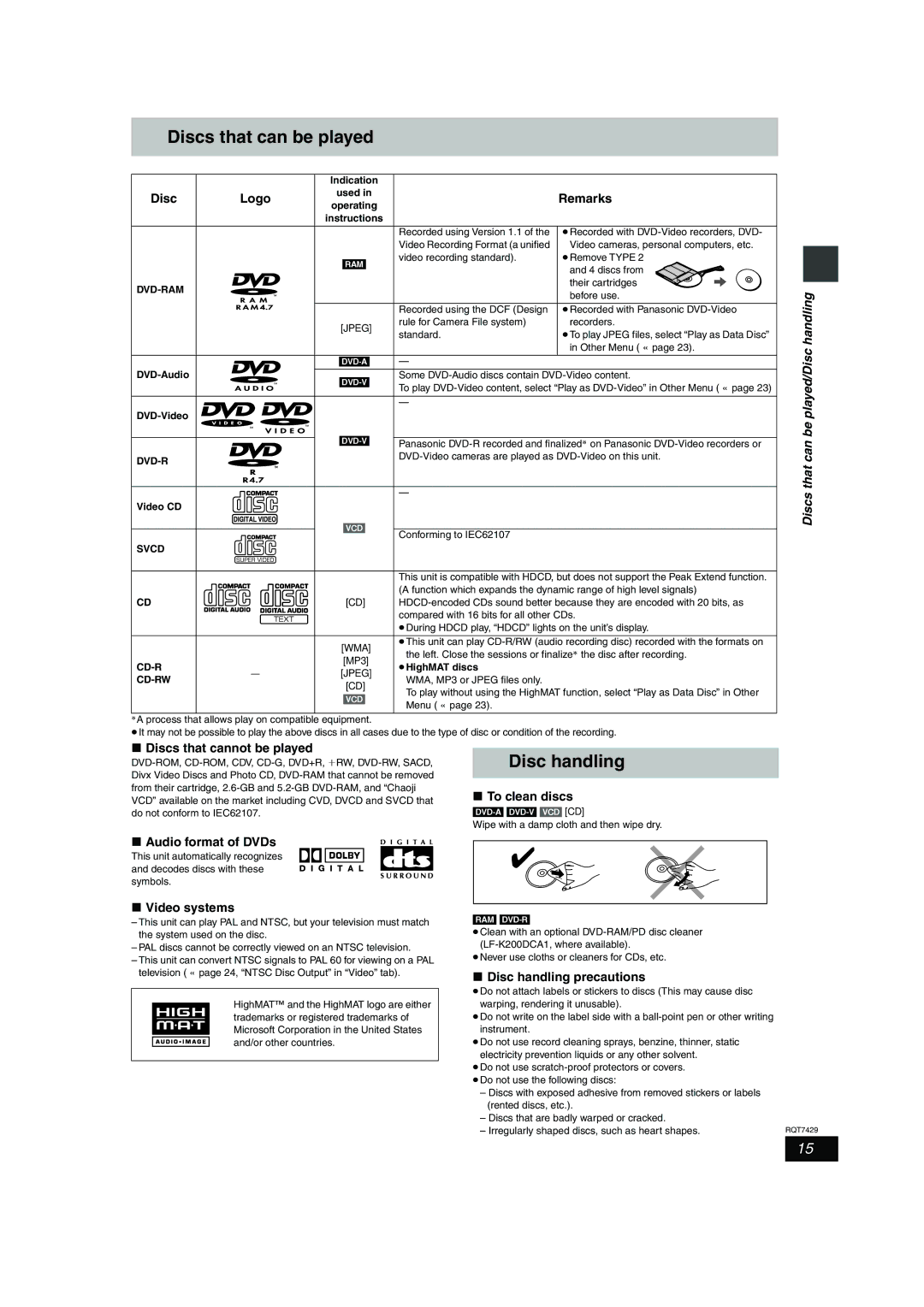 Panasonic GCSEB E specifications Discs that can be played/Disc handling 