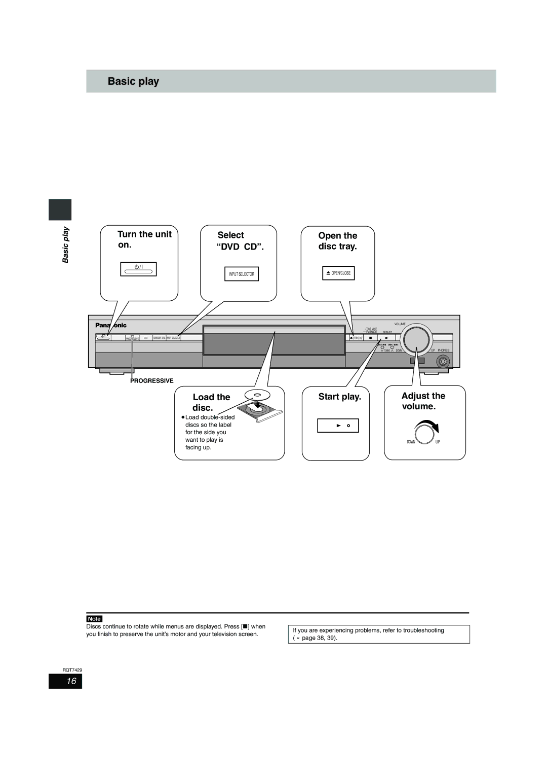 Panasonic GCSEB E specifications Basic play, Progressive, Facing up 