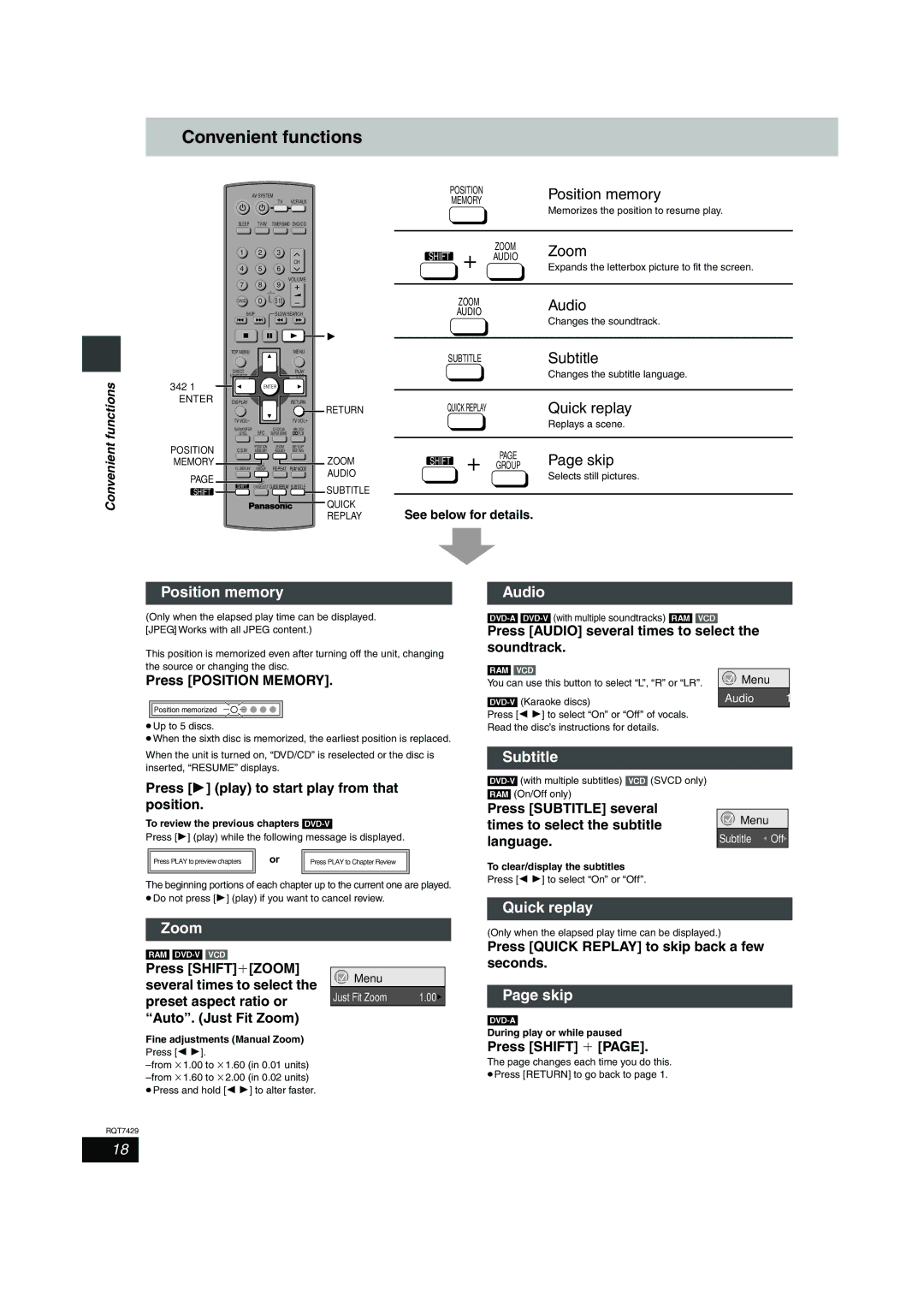 Panasonic GCSEB E specifications Convenient functions 