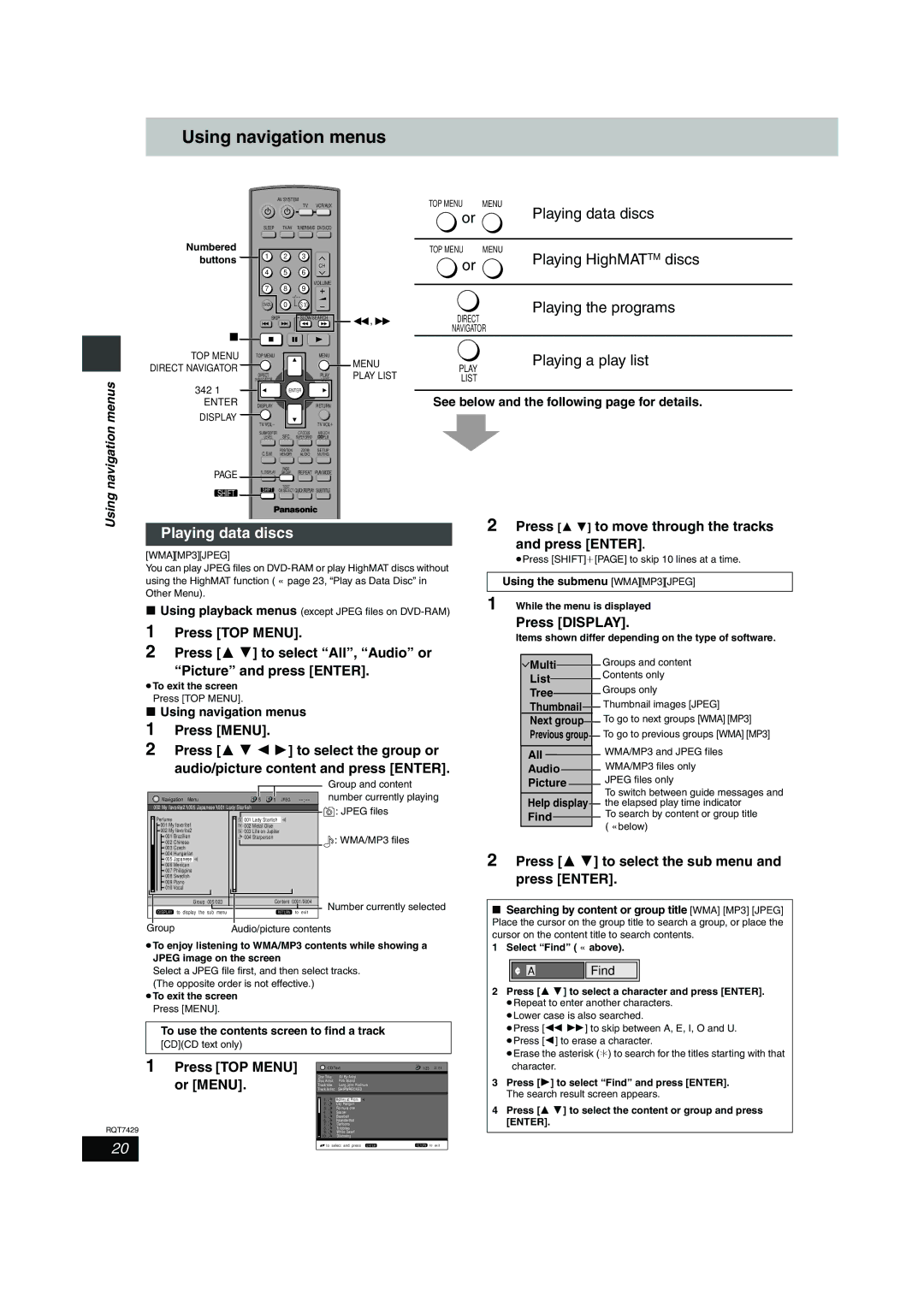 Panasonic GCSEB E Using navigation menus, Playing data discs, Press TOP Menu Press 3 4 to select All, Audio or 