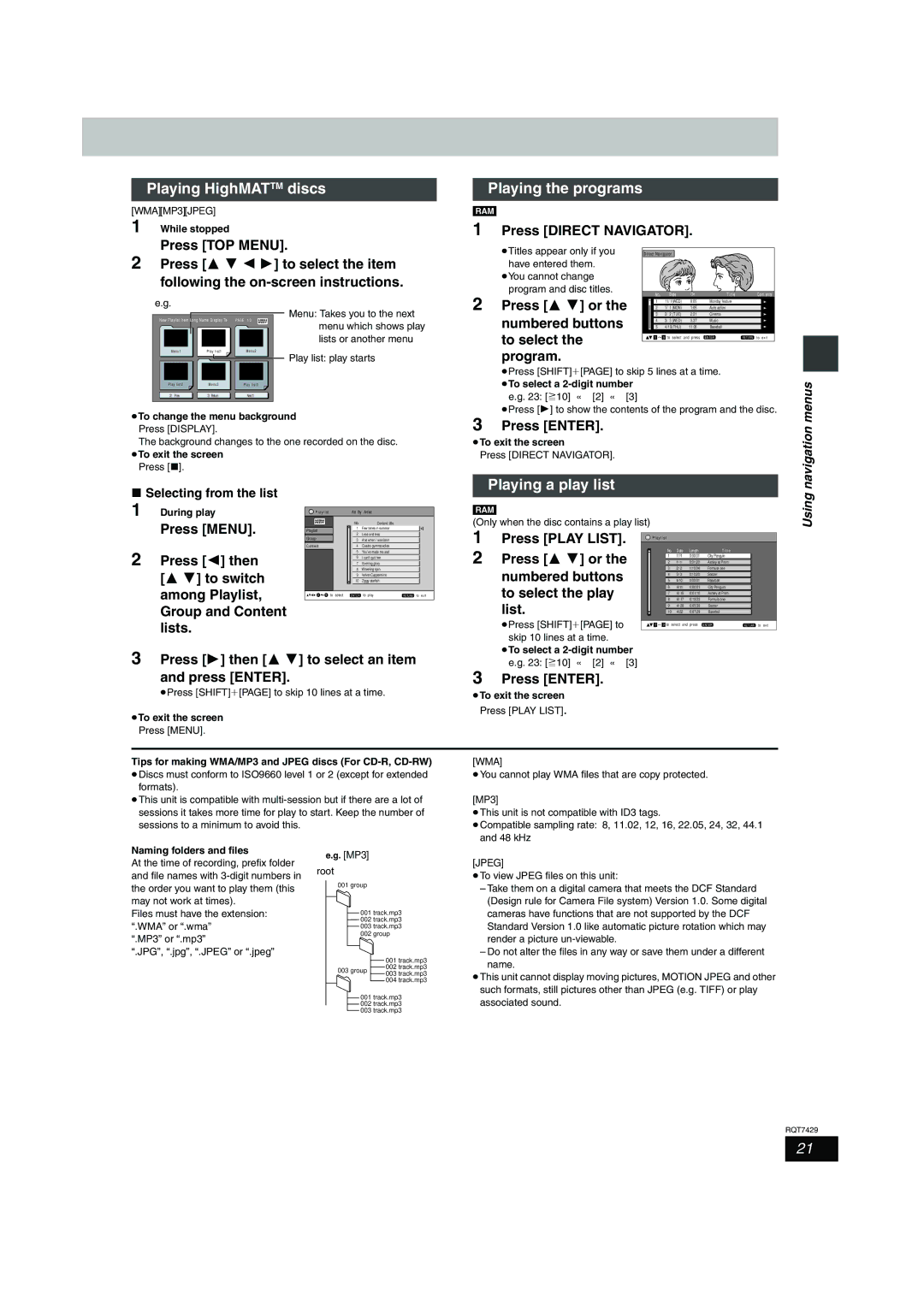 Panasonic GCSEB E specifications Playing HighMATTM discs, Playing the programs, Playing a play list 