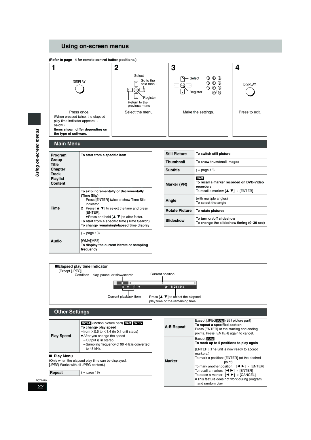 Panasonic GCSEB E specifications Using on-screen menus, Main Menu, Other Settings 