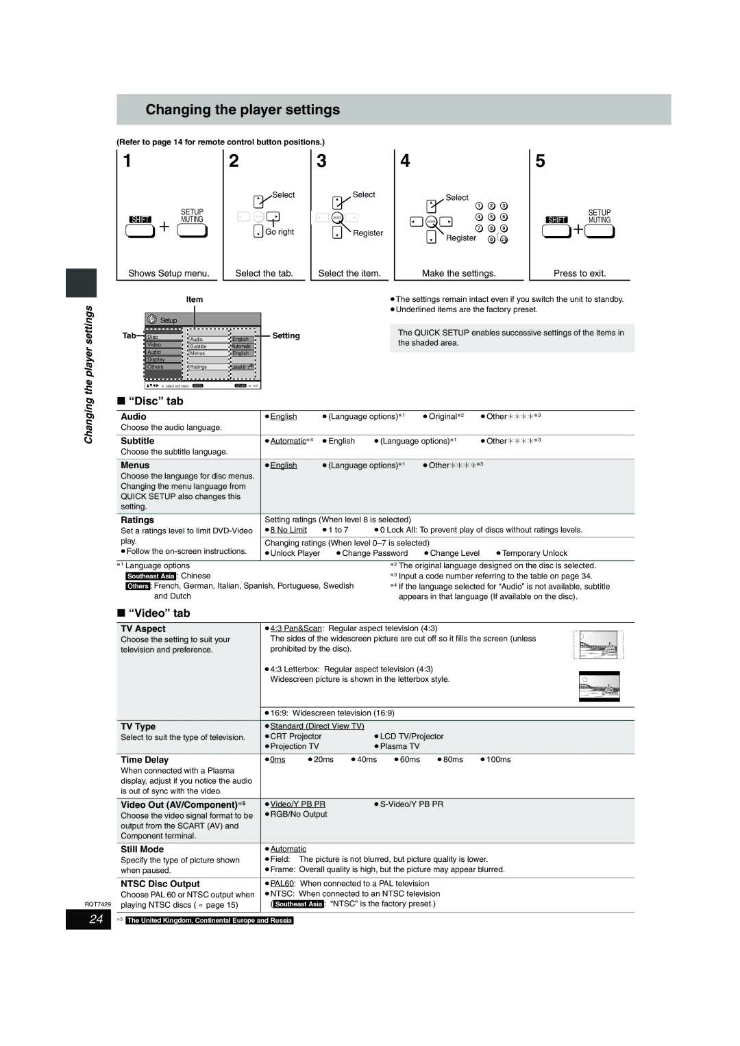 Panasonic GCSEB E specifications Changing the player settings, Disc tab, Video tab, Player settings 