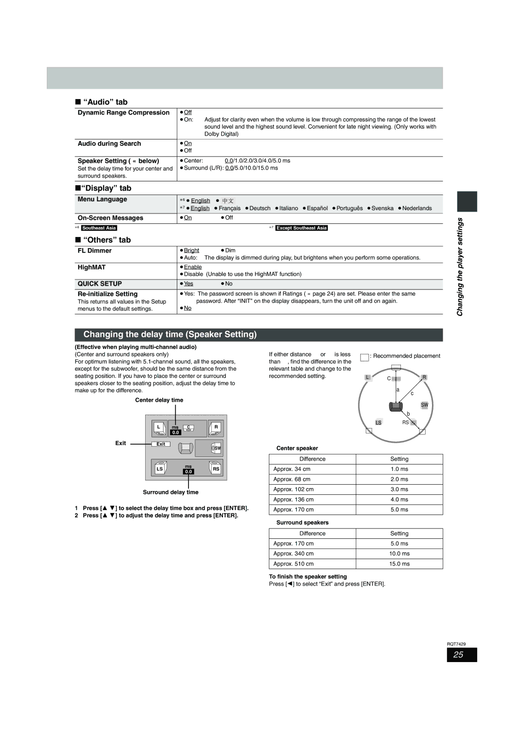 Panasonic GCSEB E specifications Changing the delay time Speaker Setting, Audio tab, Display tab, Others tab 