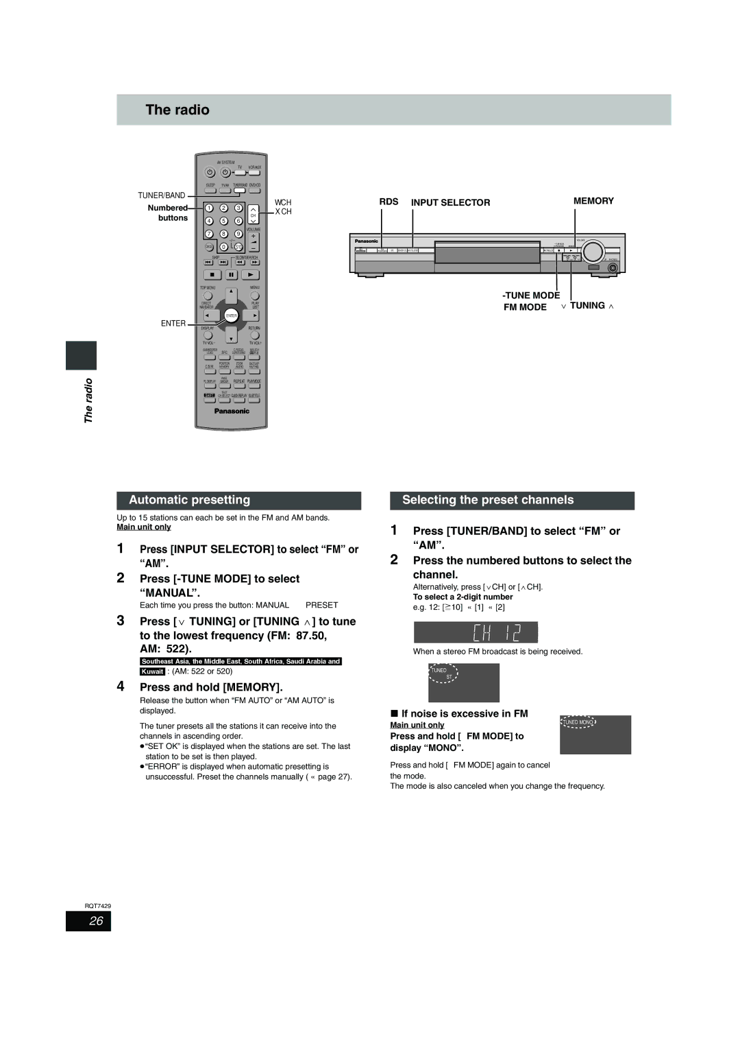 Panasonic GCSEB E specifications Radio, Automatic presetting, Selecting the preset channels, Press and hold Memory 