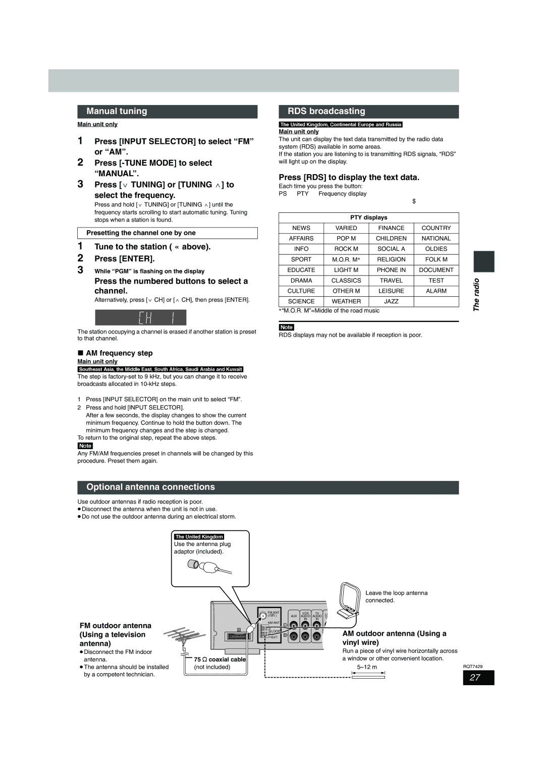 Panasonic GCSEB E Manual tuning, RDS broadcasting, Optional antenna connections, Press RDS to display the text data 