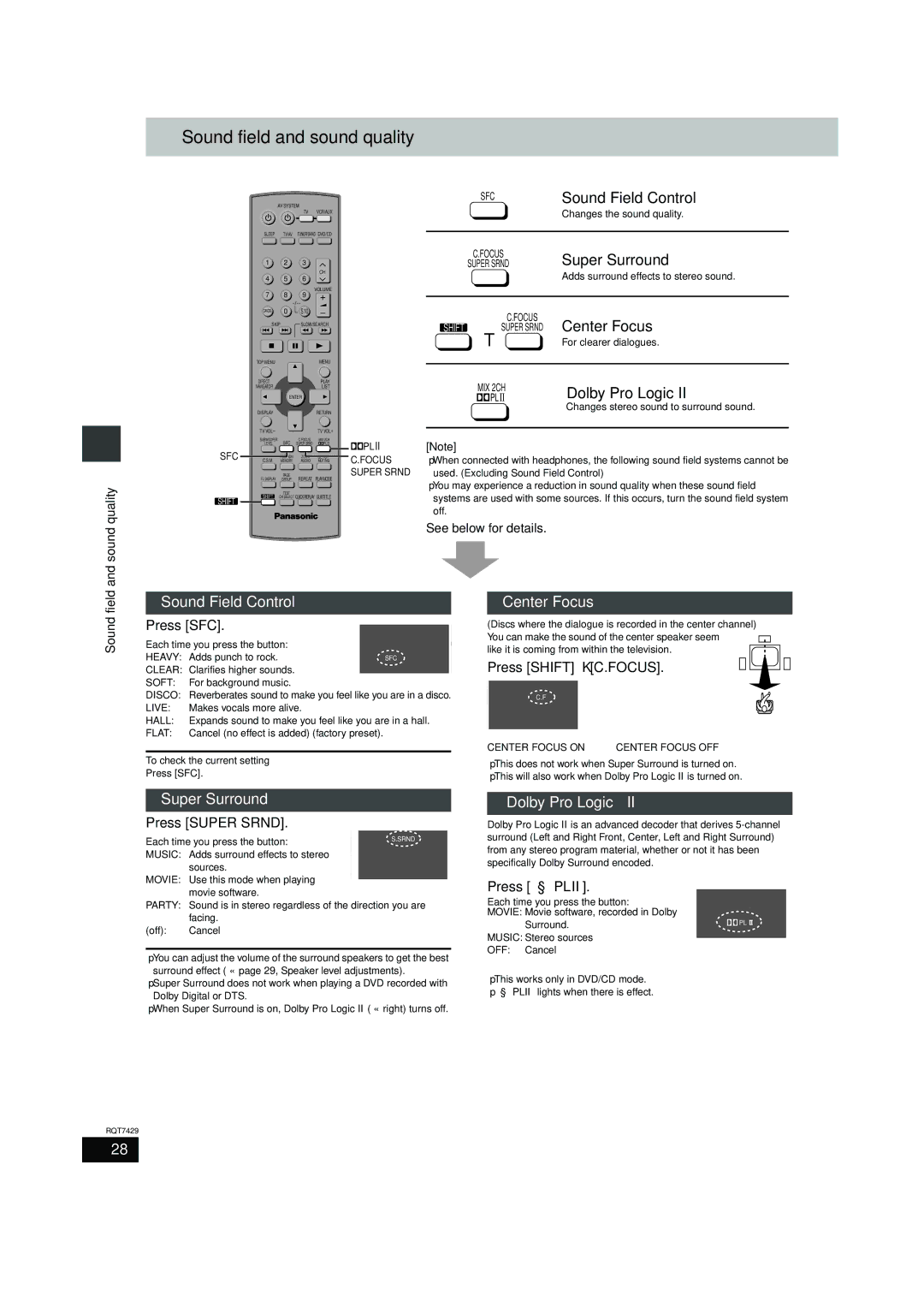 Panasonic GCSEB E Sound field and sound quality, Sound Field Control, Center Focus, Super Surround, Dolby Pro Logic 