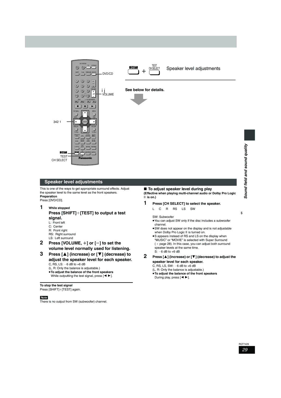 Panasonic GCSEB E specifications Speaker level adjustments, Press SHIFTiTEST to output a test signal, Sound quality 