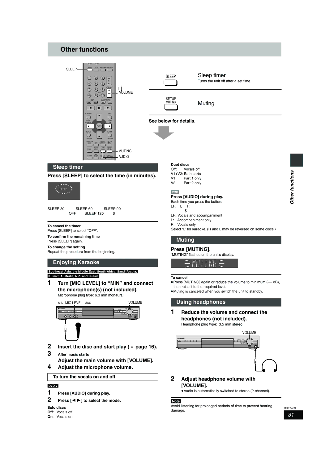 Panasonic GCSEB E specifications Other functions, Sleep timer, Enjoying Karaoke, Muting, Using headphones 