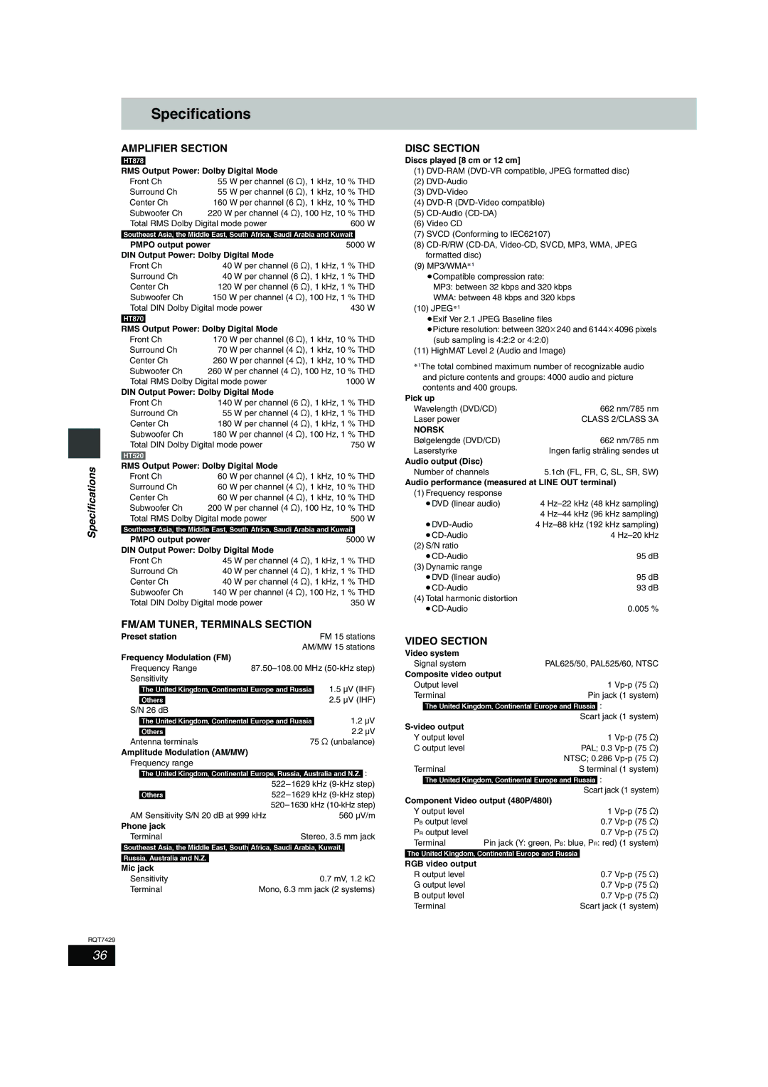 Panasonic GCSEB E specifications Specifications, Norsk 