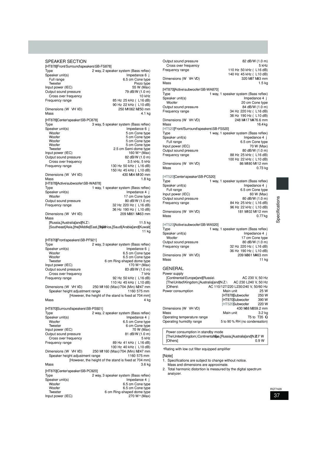 Panasonic GCSEB E Type, Input power IEC, Output sound pressure, Frequency range, Dimensions WtHtD, Mass, Power supply 