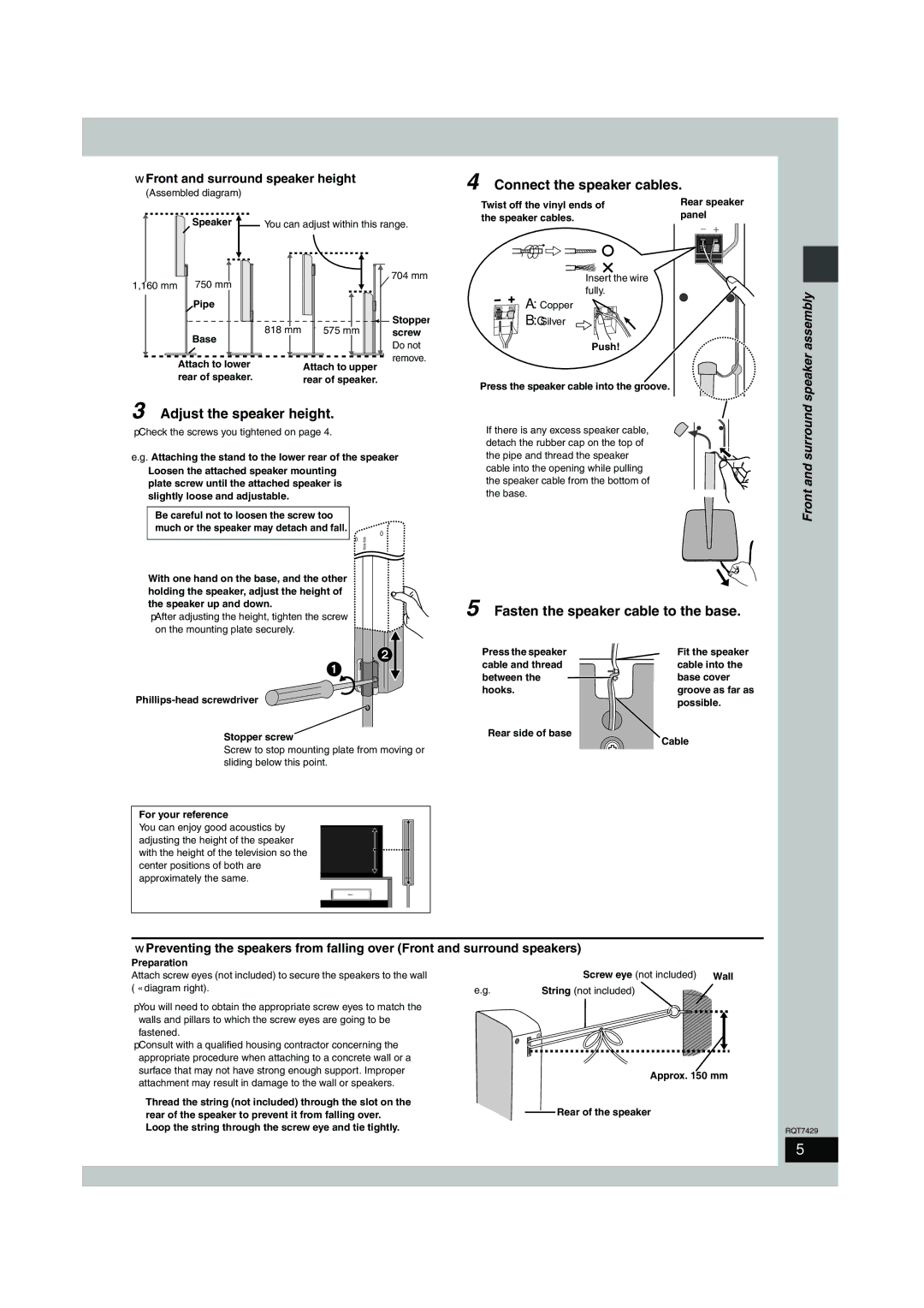 Panasonic GCSEB E Adjust the speaker height, Connect the speaker cables, Fasten the speaker cable to the base 