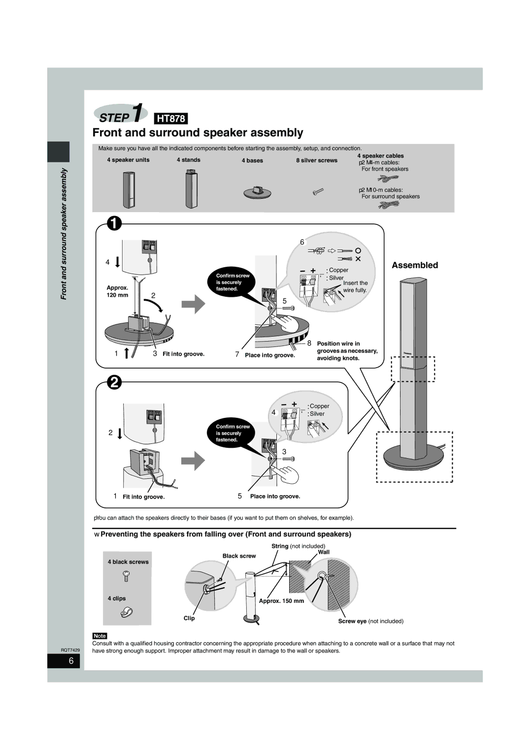 Panasonic GCSEB E specifications Speaker units Stands Bases Silver screws, ≥2 k4-m cables, Approx, Avoiding knots 