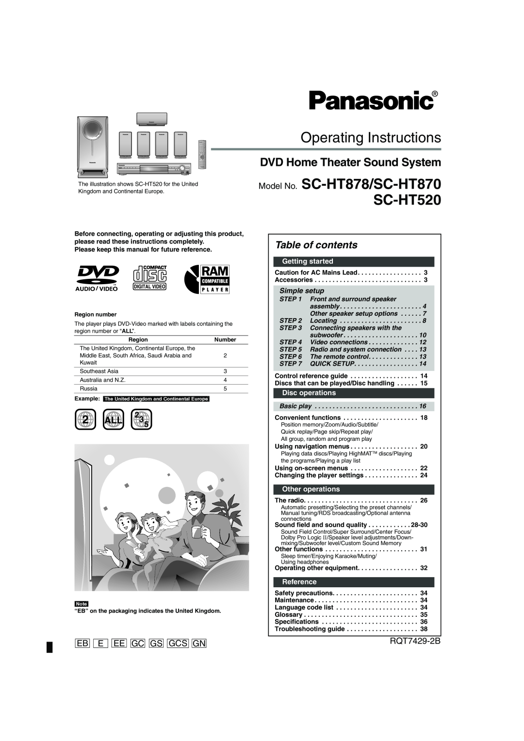 Panasonic GCSEB E specifications Operating Instructions, DVD Home Theater Sound System, Eb E Ee Gcgsgcs Gn, RQT7429-2B 