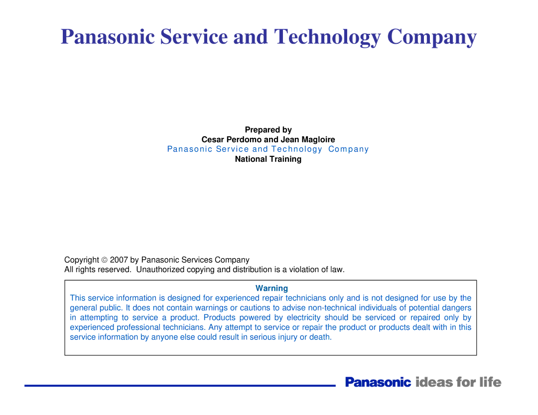 Panasonic Generation Plasma Display Television manual Panasonic Service and Technology Company 