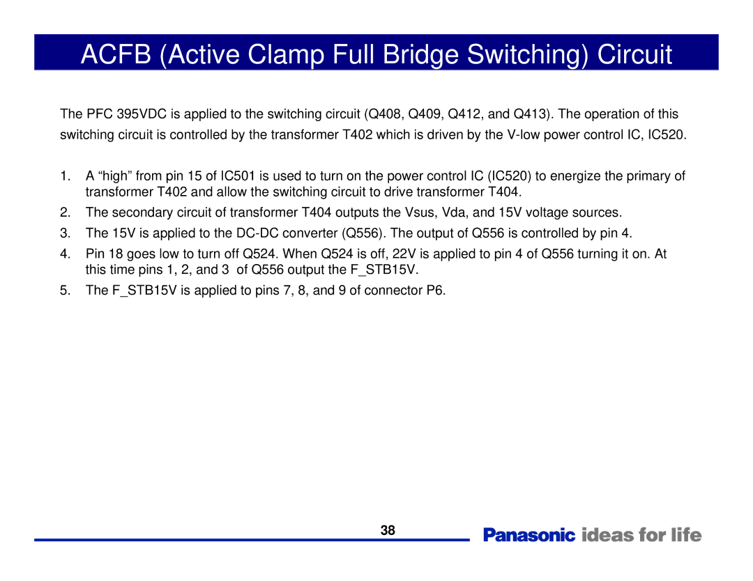 Panasonic Generation Plasma Display Television manual Acfb Active Clamp Full Bridge Switching Circuit 