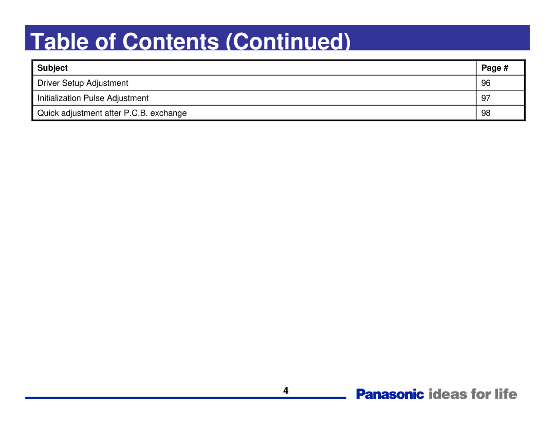 Panasonic Generation Plasma Display Television manual Table of Contents 