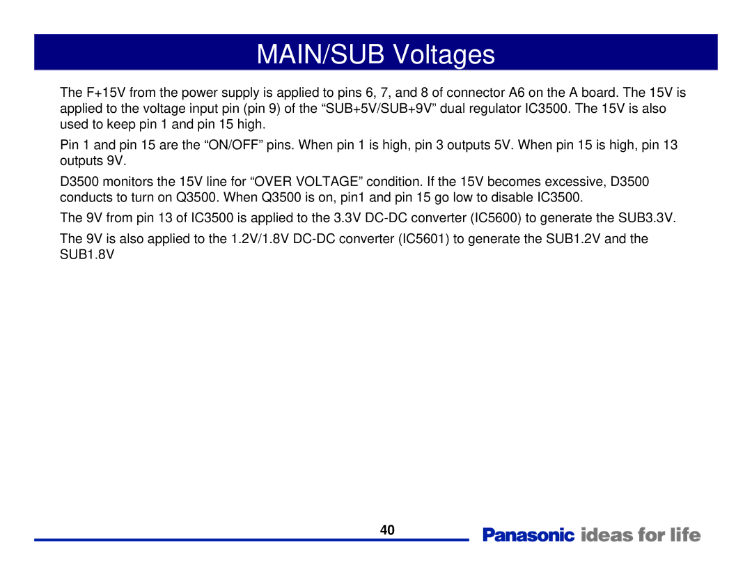 Panasonic Generation Plasma Display Television manual MAIN/SUB Voltages 