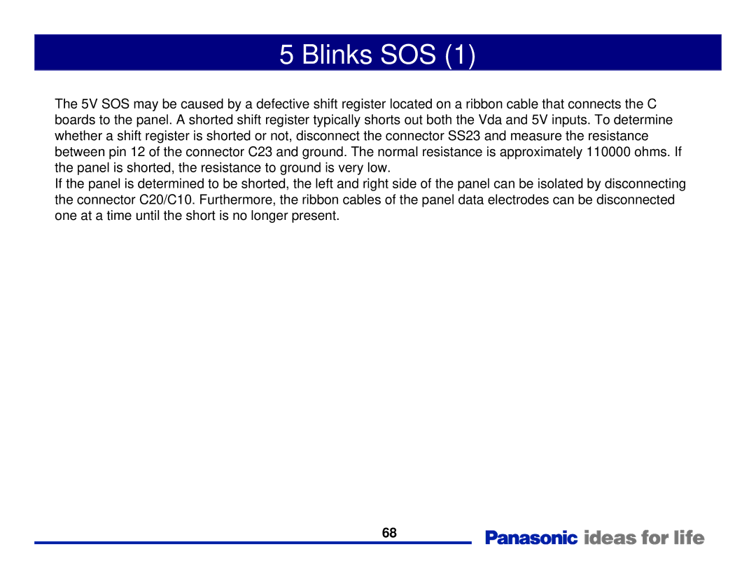 Panasonic Generation Plasma Display Television manual Blinks SOS 