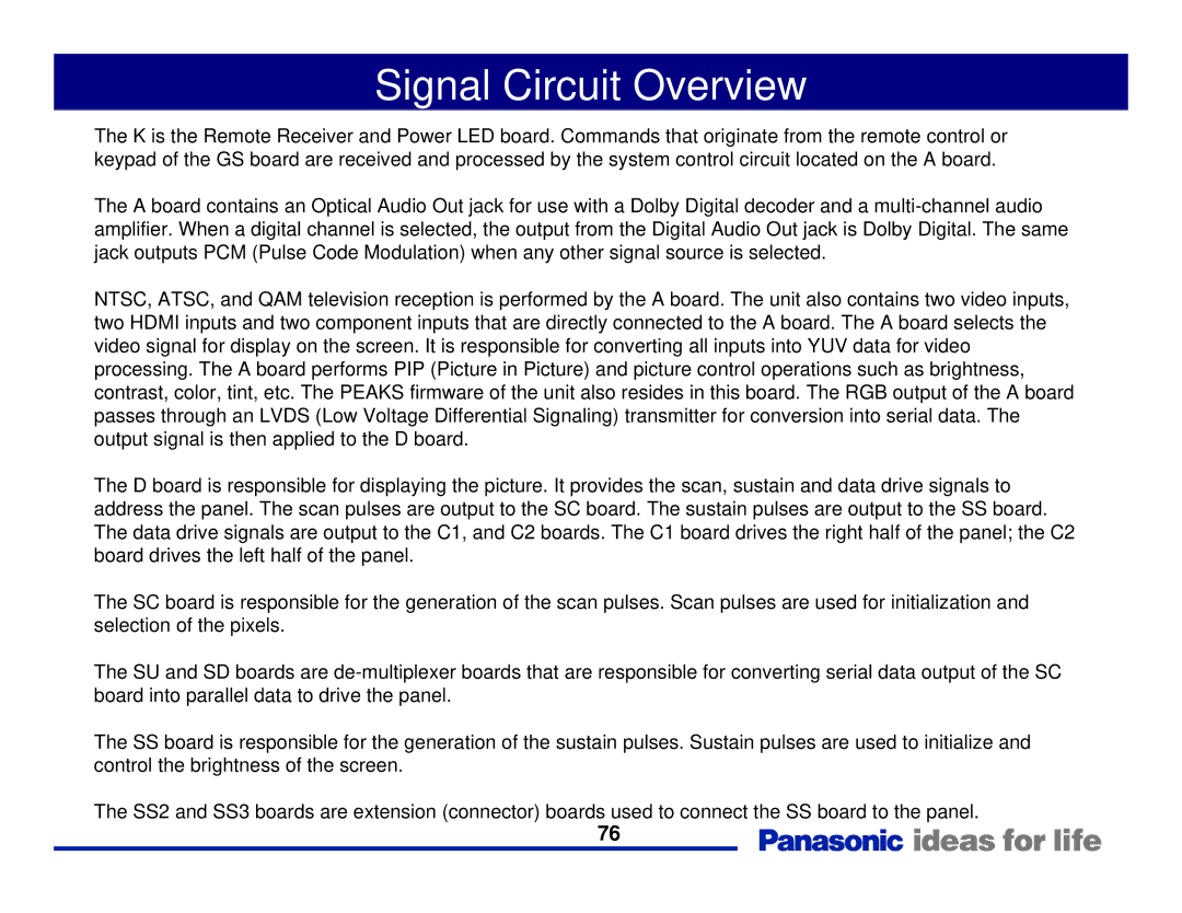 Panasonic Generation Plasma Display Television manual Signal Circuit Overview 