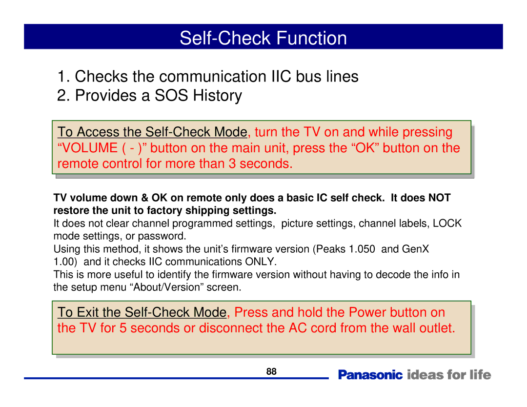 Panasonic Generation Plasma Display Television manual Self-Check Function, Remote control for more than 3 seconds 