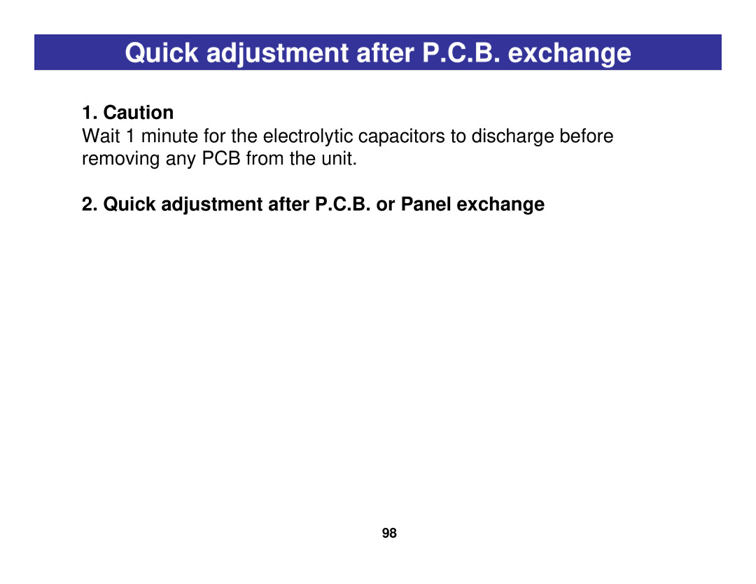 Panasonic Generation Plasma Display Television manual Quick adjustment after P.C.B. exchange 