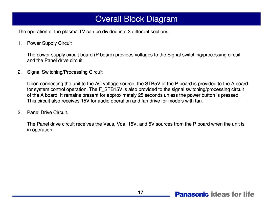 Panasonic Generation Plasma Display Television manual Overall Block Diagram 