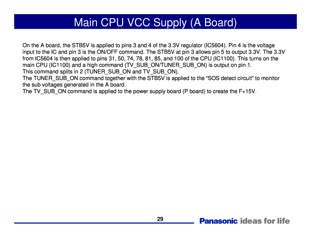 Panasonic Generation Plasma Display Television manual Main CPU VCC Supply A Board 