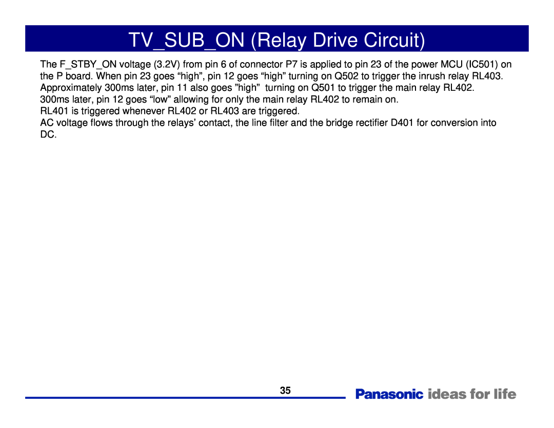 Panasonic Generation Plasma Display Television manual TVSUBON Relay Drive Circuit 