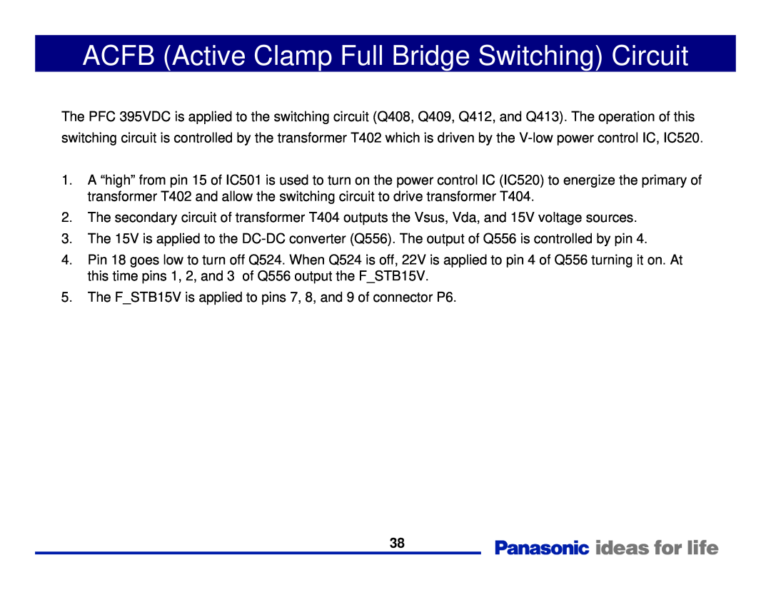 Panasonic Generation Plasma Display Television manual ACFB Active Clamp Full Bridge Switching Circuit 