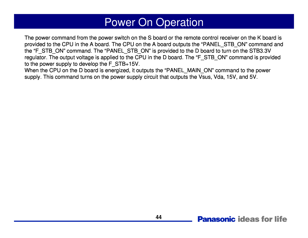 Panasonic Generation Plasma Display Television manual Power On Operation 