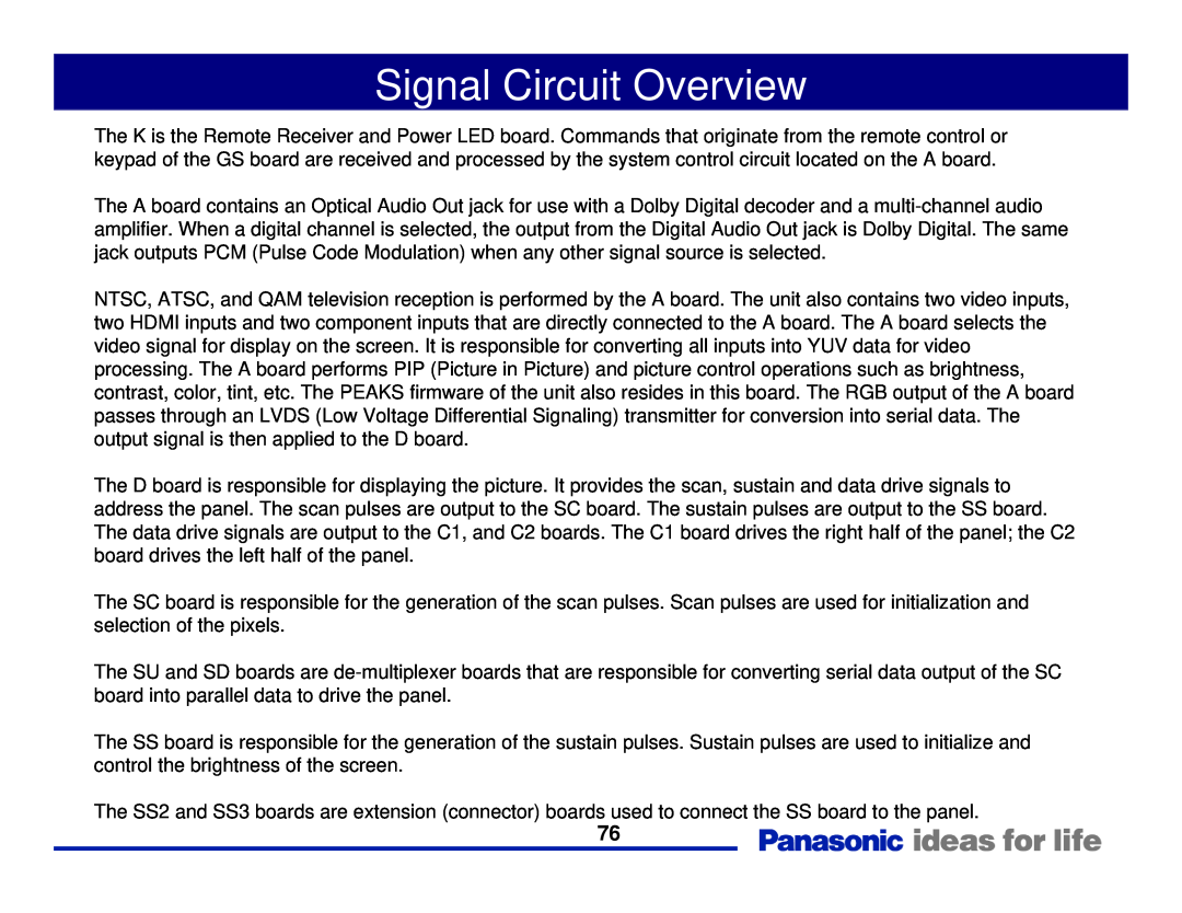 Panasonic Generation Plasma Display Television manual Signal Circuit Overview 