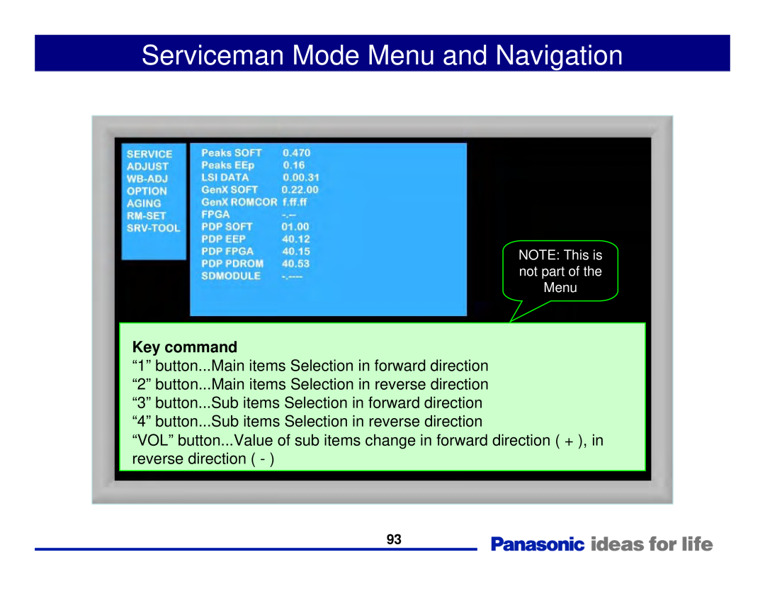 Panasonic Generation Plasma Display Television manual Serviceman Mode Menu and Navigation, Key command 