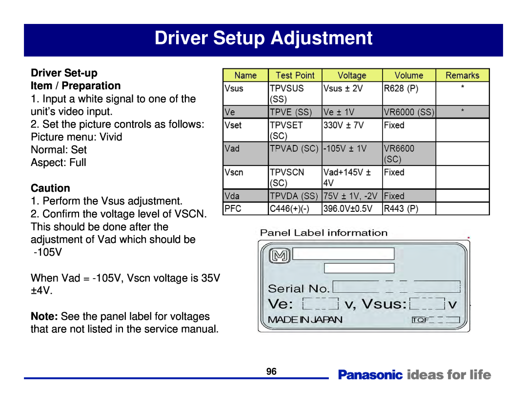 Panasonic Generation Plasma Display Television manual Driver Setup Adjustment, Driver Set-up Item / Preparation 