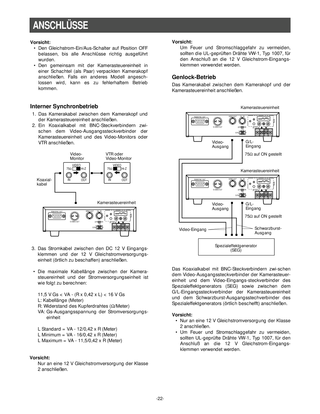 Panasonic GP-KS1000E manual Anschlüsse, Interner Synchronbetrieb 