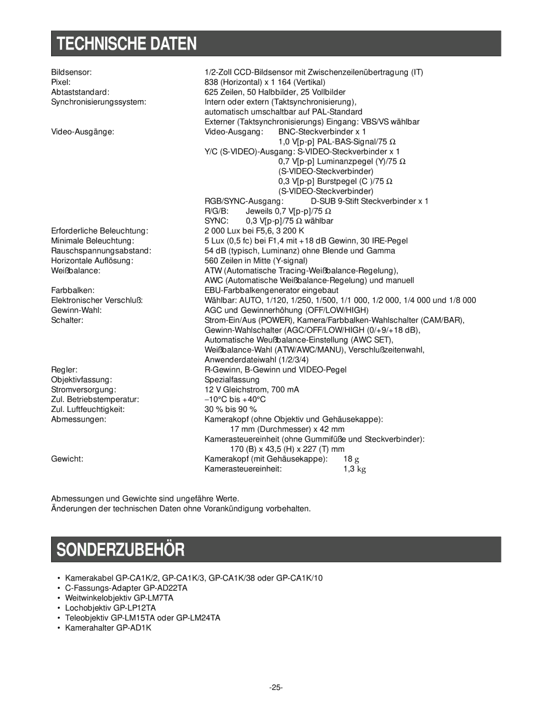 Panasonic GP-KS1000E manual Technische Daten, Sonderzubehör 