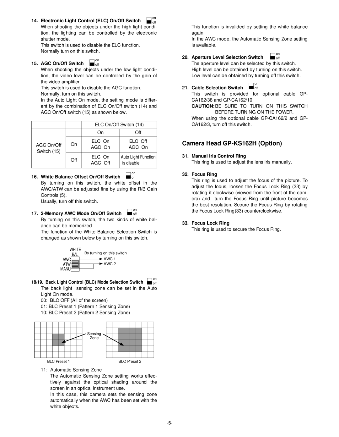 Panasonic GP-KS162CUD manual Camera Head GP-KS162H Option, Electronic Light Control ELC On/Off Switch 