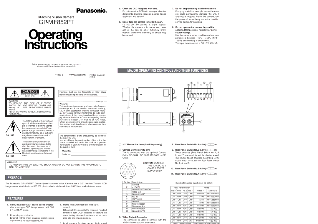 Panasonic GP-MF852PT user service Major Operating Controls and Their Functions, Preface, Features 