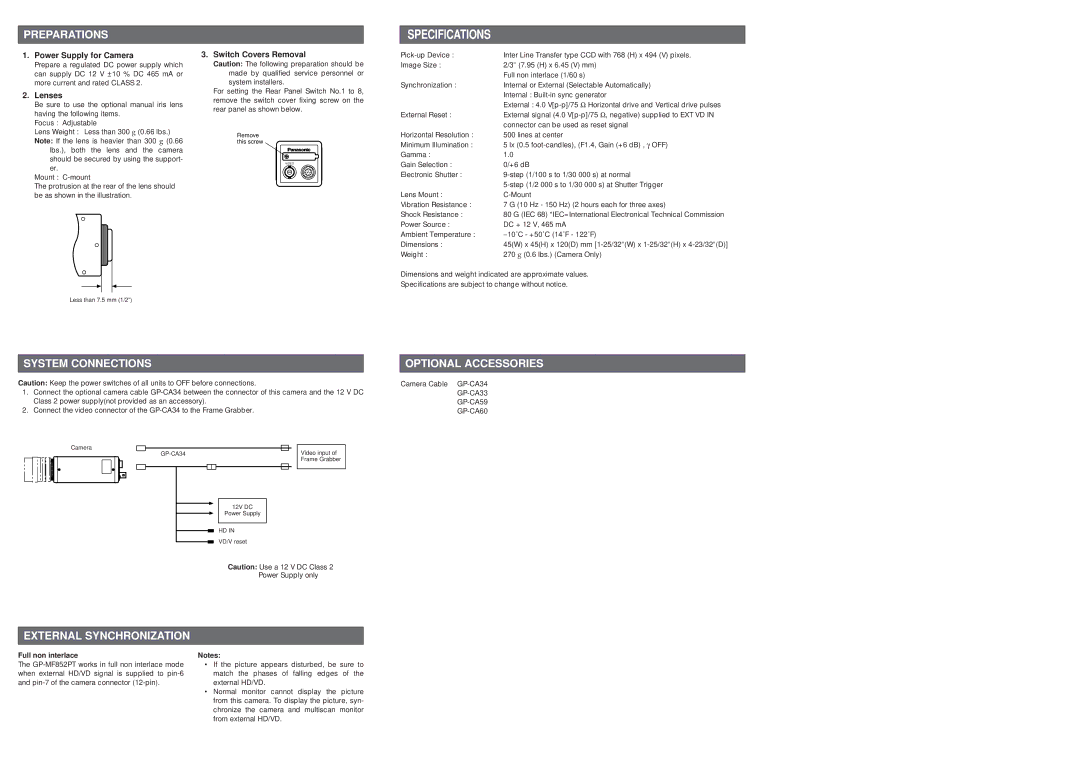 Panasonic GP-MF852PT Preparations, System Connections, Optional Accessories, External Synchronization, Specifications 