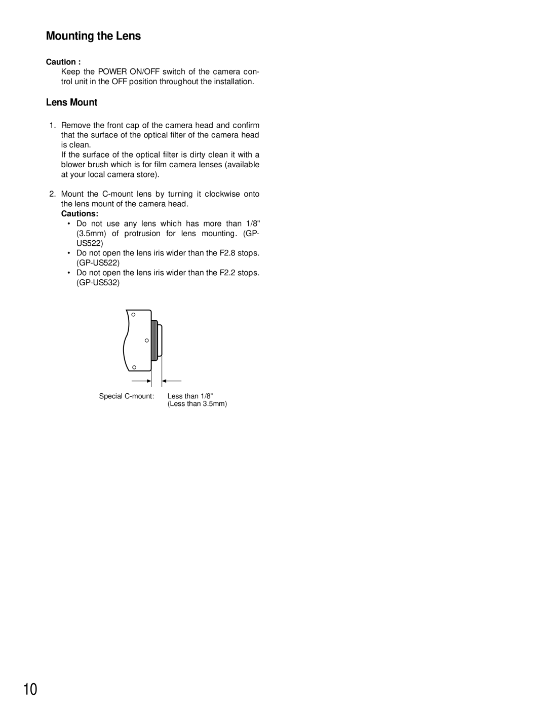 Panasonic GP-US522HA, GP-US532HA operating instructions Mounting the Lens, Lens Mount 