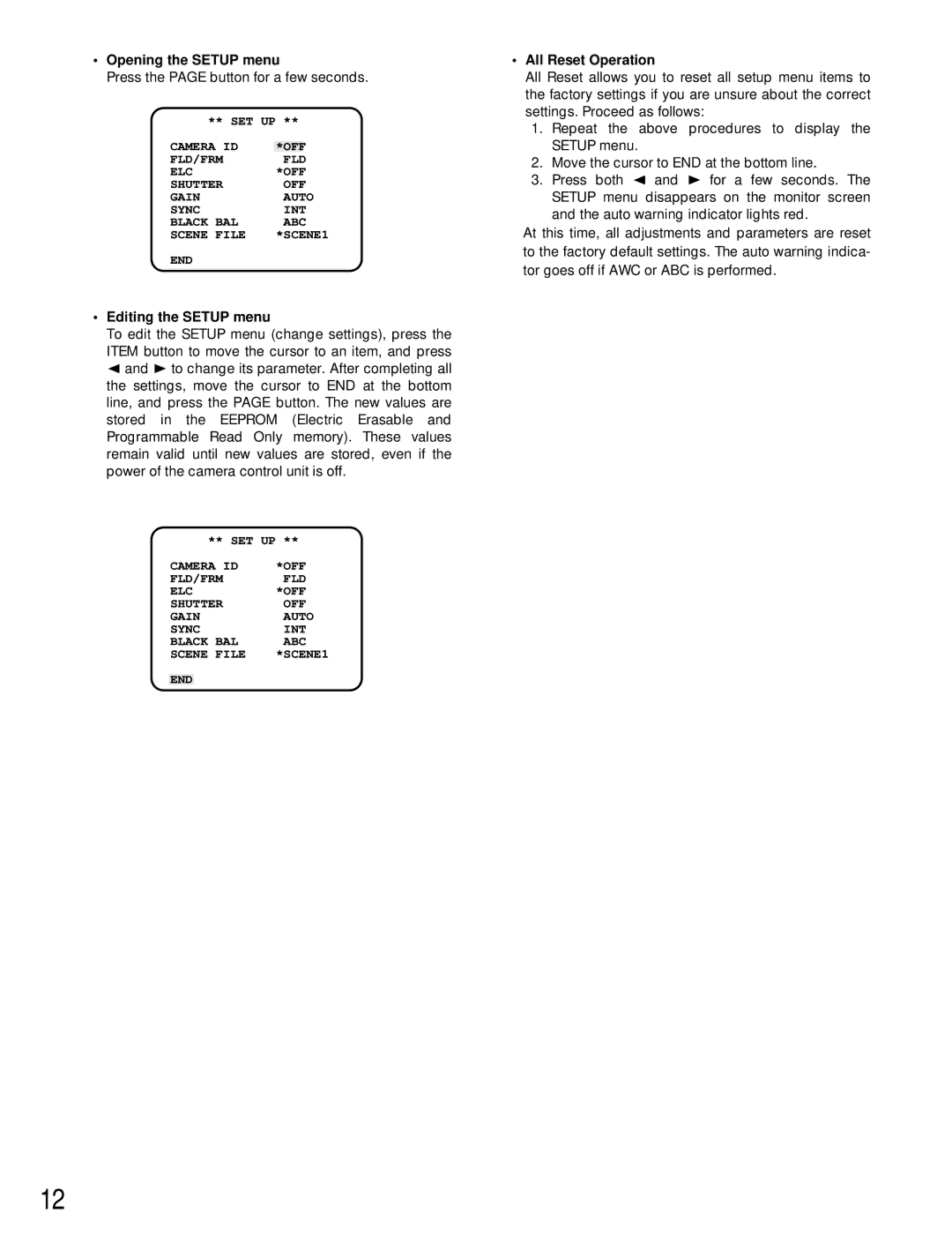 Panasonic GP-US522HA, GP-US532HA Opening the Setup menu, Press the page button for a few seconds, Editing the Setup menu 