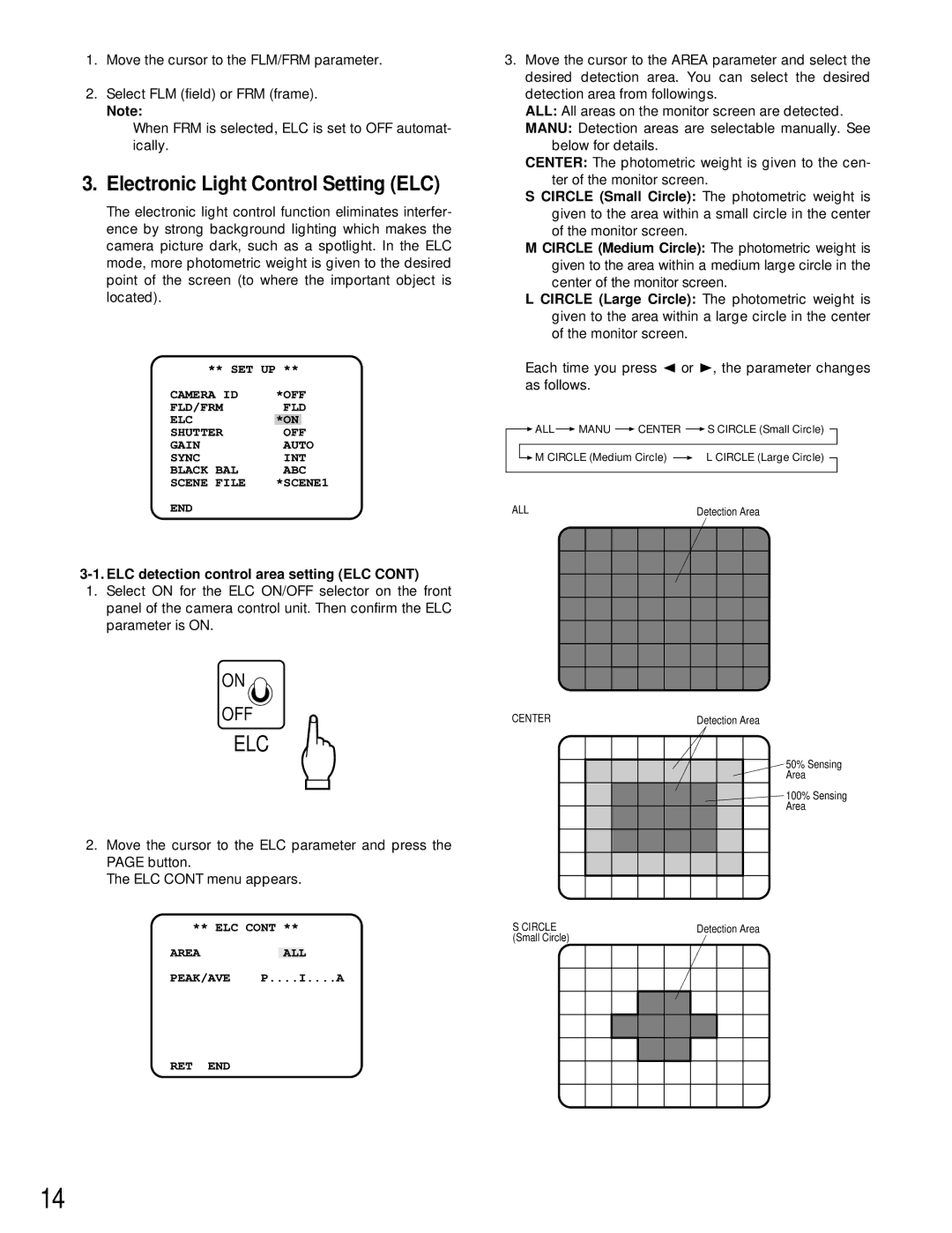 Panasonic GP-US522HA, GP-US532HA Electronic Light Control Setting ELC, ELC detection control area setting ELC 