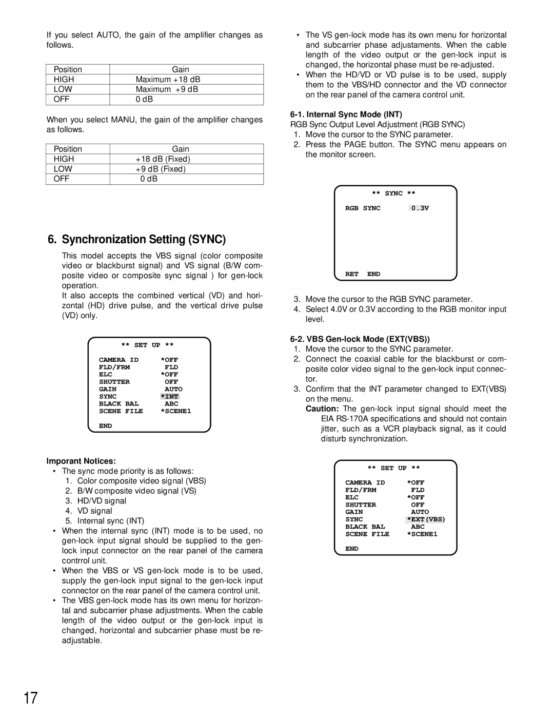 Panasonic GP-US532HA, GP-US522HA Synchronization Setting Sync, Maximum +9 dB, Internal Sync Mode INT, Imporant Notices 