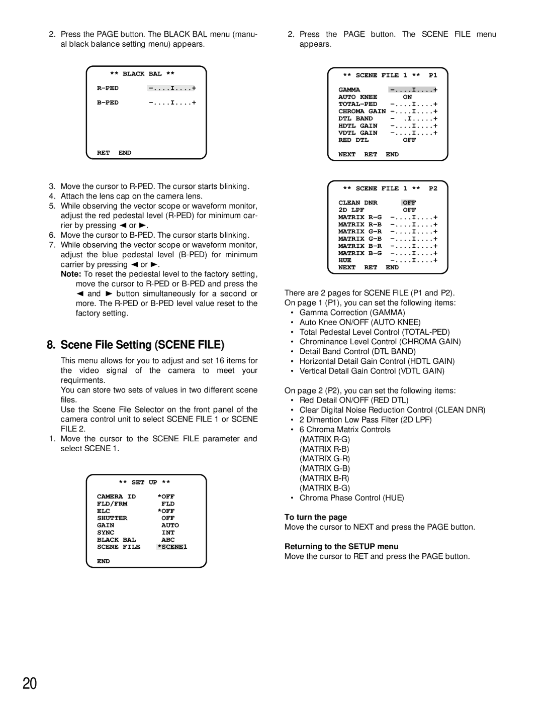 Panasonic GP-US522HA, GP-US532HA operating instructions Scene File Setting Scene File, To turn, Returning to the Setup menu 