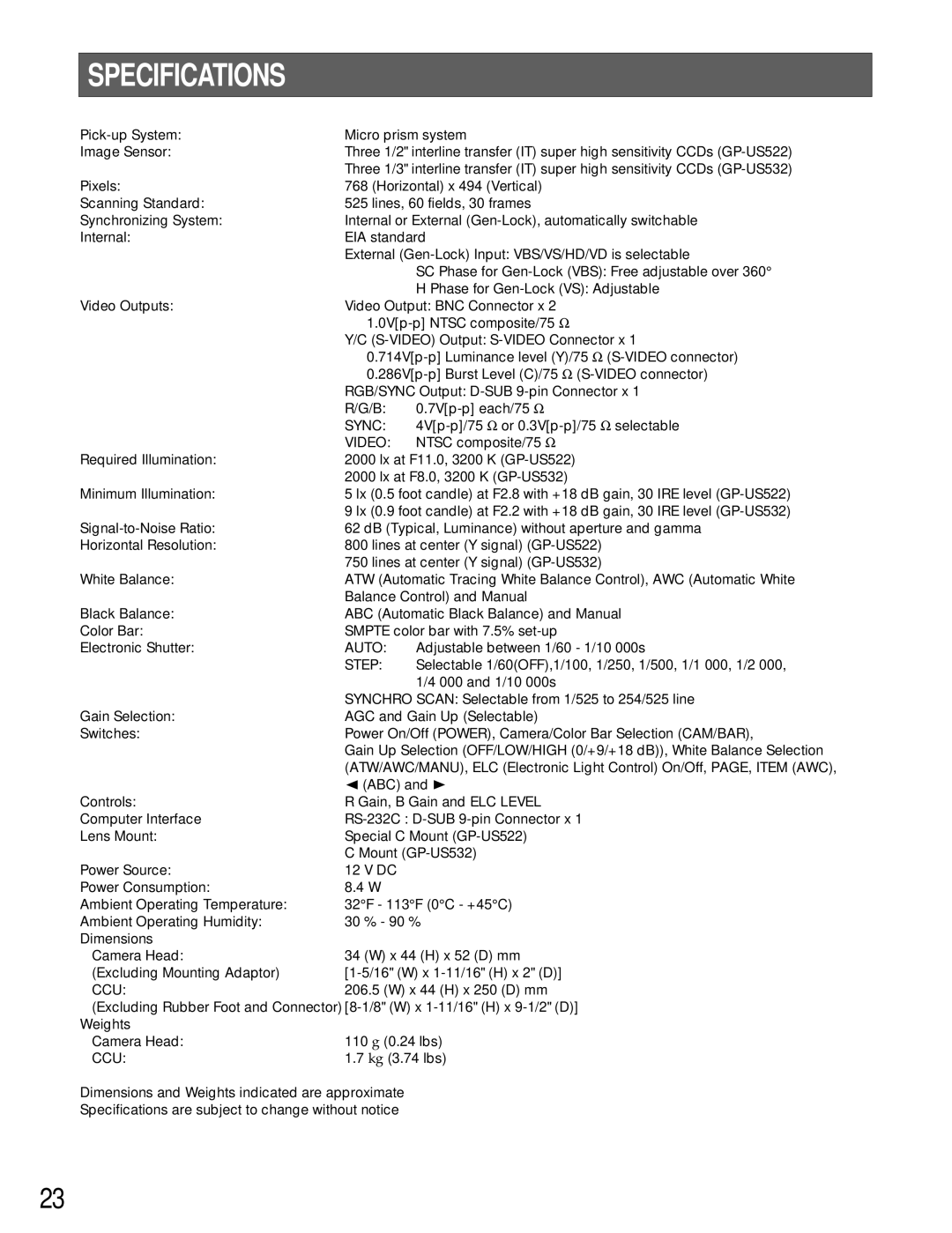 Panasonic GP-US532HA, GP-US522HA operating instructions Specifications 