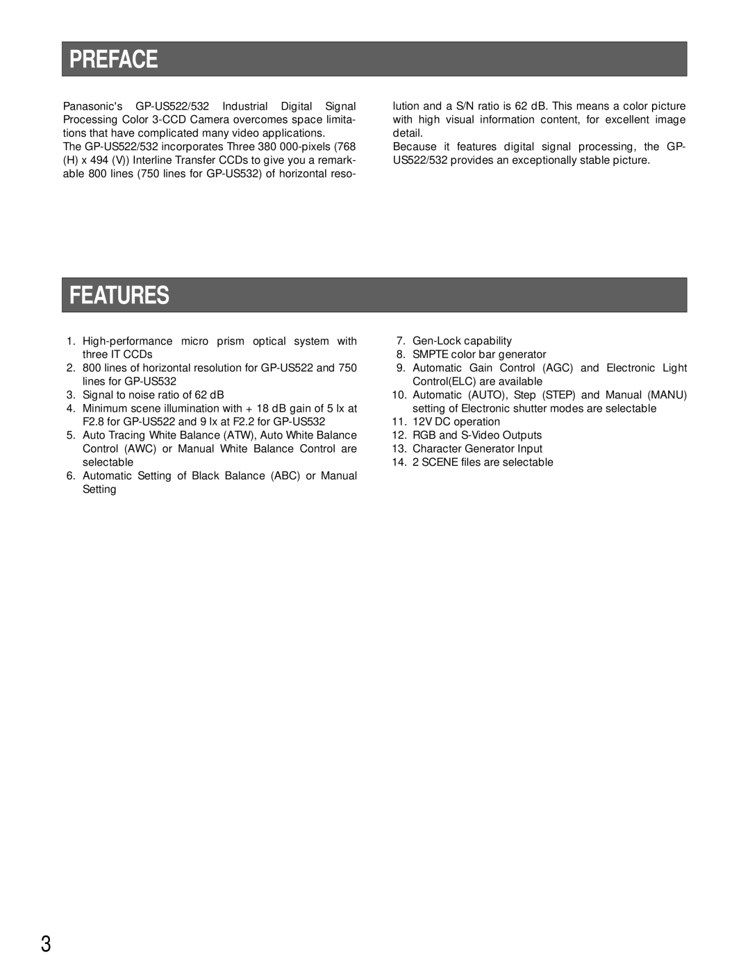 Panasonic GP-US532HA, GP-US522HA operating instructions Preface, Features 